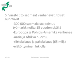 5. Väestö : toiset maat vanhenevat, toiset
nuortuvat
-300 000 suomalaista poistuu
työmarkkinoilta 15 vuoden sisällä
-Eurooppa ja Pohjois-Amerikka vanhenee
-Aasia ja Afrikka nuortuu
-siirtolaisuus ja pakolaisuus (65 milj.)
-eläköityminen lukiolla
30.8.2017 Aki Puustinen / Muuramen lukio
 