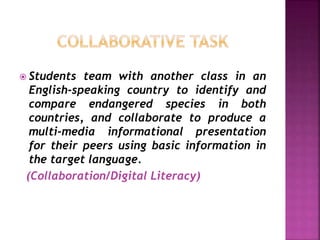  Students team with another class in an
English-speaking country to identify and
compare endangered species in both
countries, and collaborate to produce a
multi-media informational presentation
for their peers using basic information in
the target language.
(Collaboration/Digital Literacy)
 