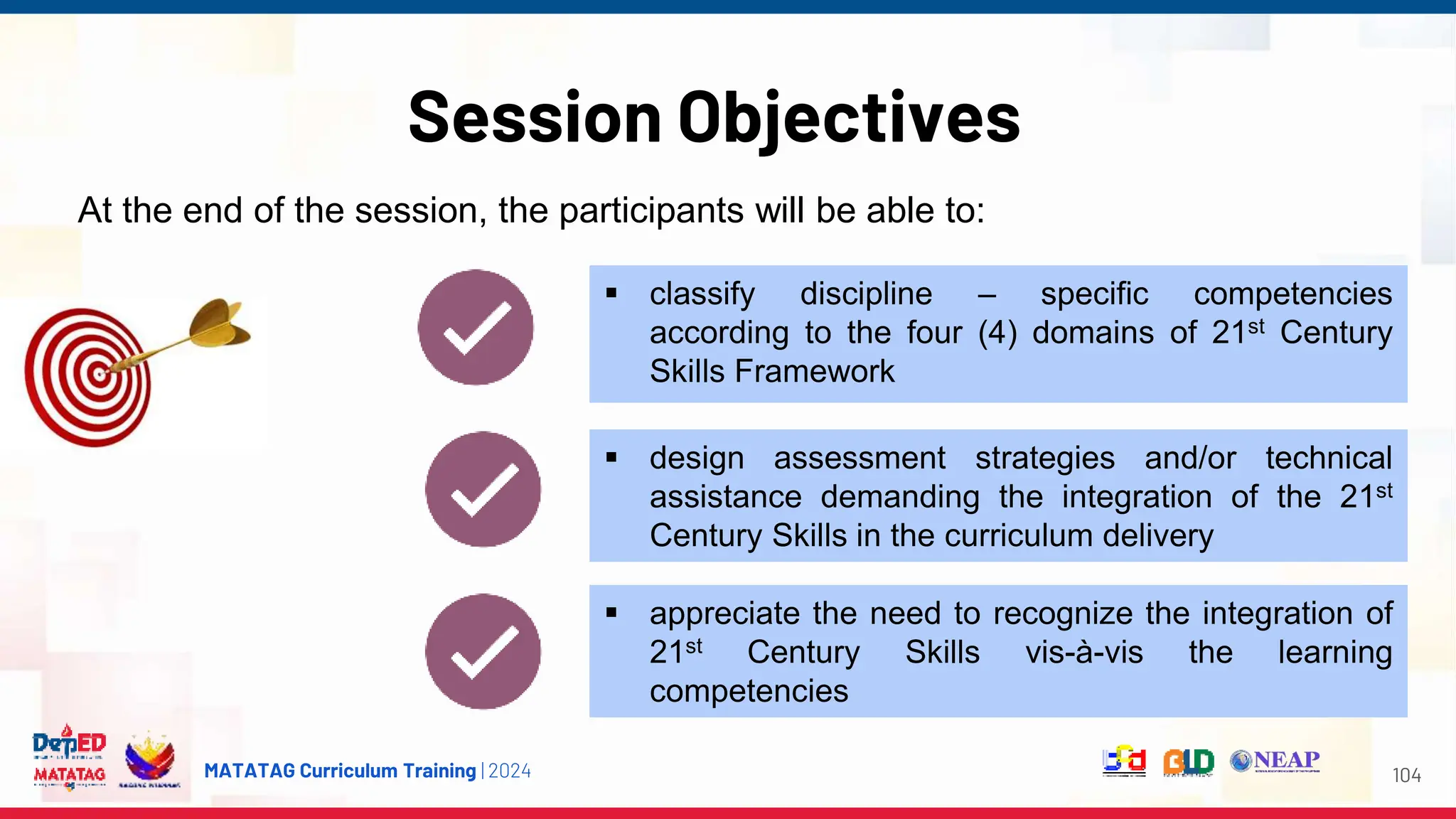 MATATAG Curriculum Training | 2024
Session Objectives
104
 classify discipline – specific competencies
according to the four (4) domains of 21st Century
Skills Framework
At the end of the session, the participants will be able to:
 design assessment strategies and/or technical
assistance demanding the integration of the 21st
Century Skills in the curriculum delivery
 appreciate the need to recognize the integration of
21st Century Skills vis-à-vis the learning
competencies
 