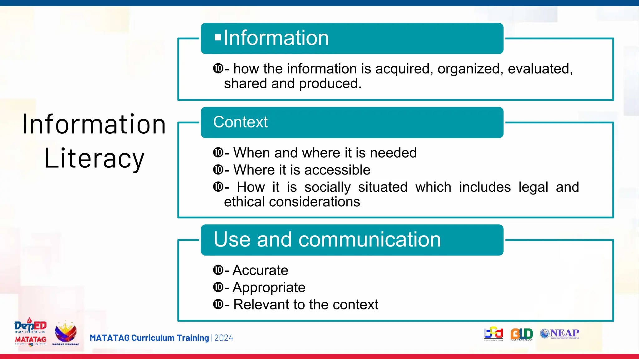 MATATAG Curriculum Training | 2024
Information
Literacy
- how the information is acquired, organized, evaluated,
shared and produced.
Information
- When and where it is needed
- Where it is accessible
- How it is socially situated which includes legal and
ethical considerations
Context
- Accurate
- Appropriate
- Relevant to the context
Use and communication
 