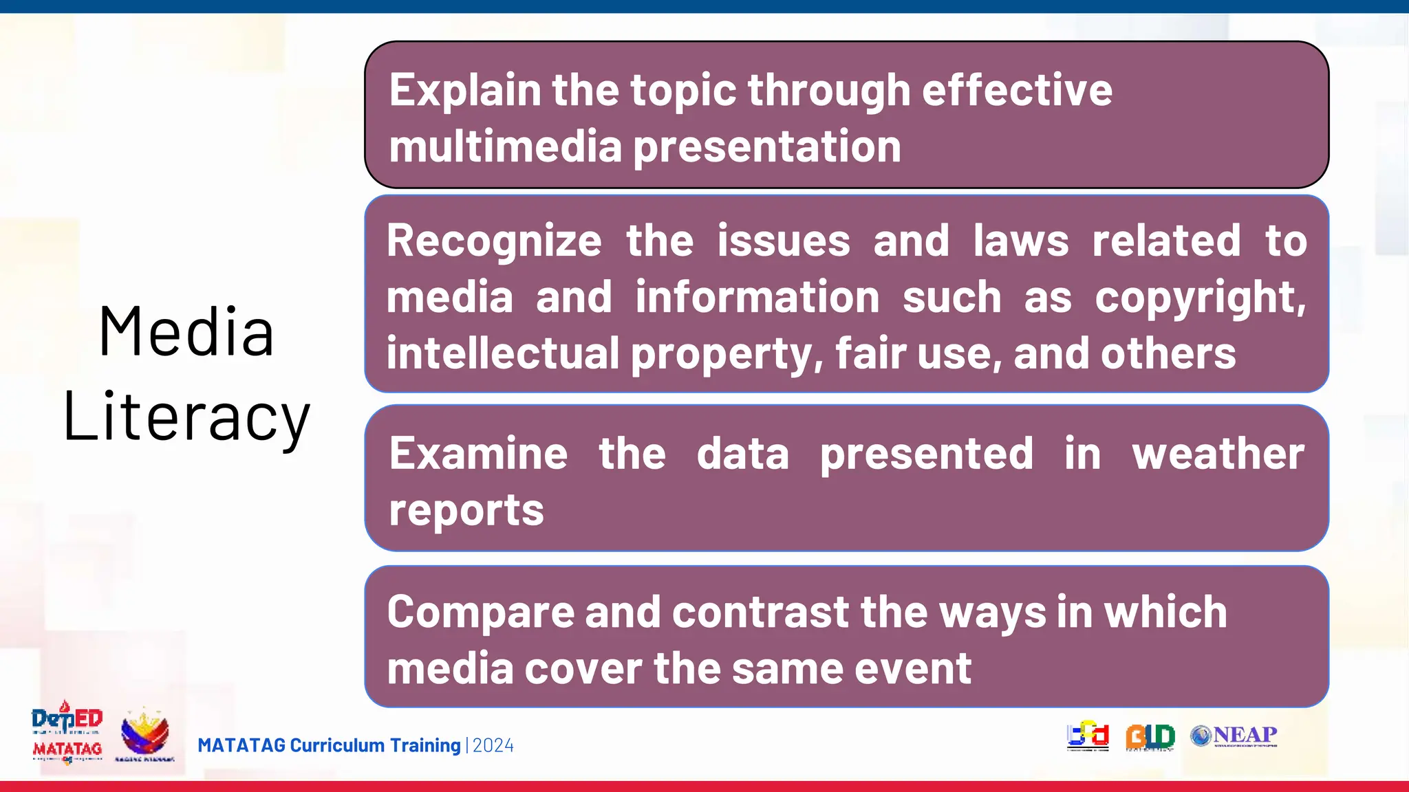 MATATAG Curriculum Training | 2024
Media
Literacy
Explain the topic through effective
multimedia presentation
Recognize the issues and laws related to
media and information such as copyright,
intellectual property, fair use, and others
Examine the data presented in weather
reports
Compare and contrast the ways in which
media cover the same event
 