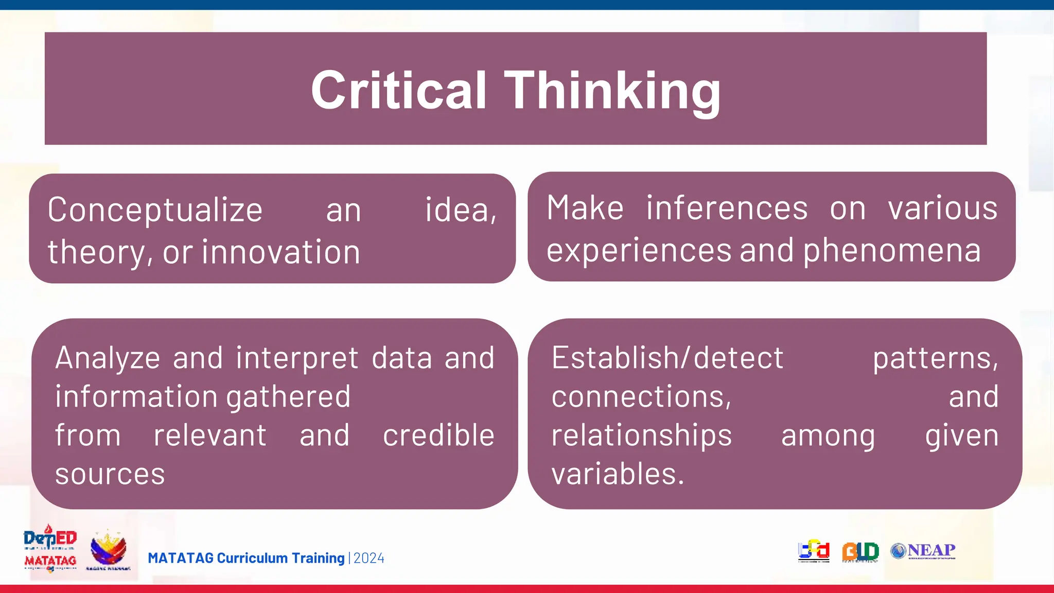 MATATAG Curriculum Training | 2024
Critical Thinking
Analyze and interpret data and
information gathered
from relevant and credible
sources
Make inferences on various
experiences and phenomena
Conceptualize an idea,
theory, or innovation
Establish/detect patterns,
connections, and
relationships among given
variables.
 
