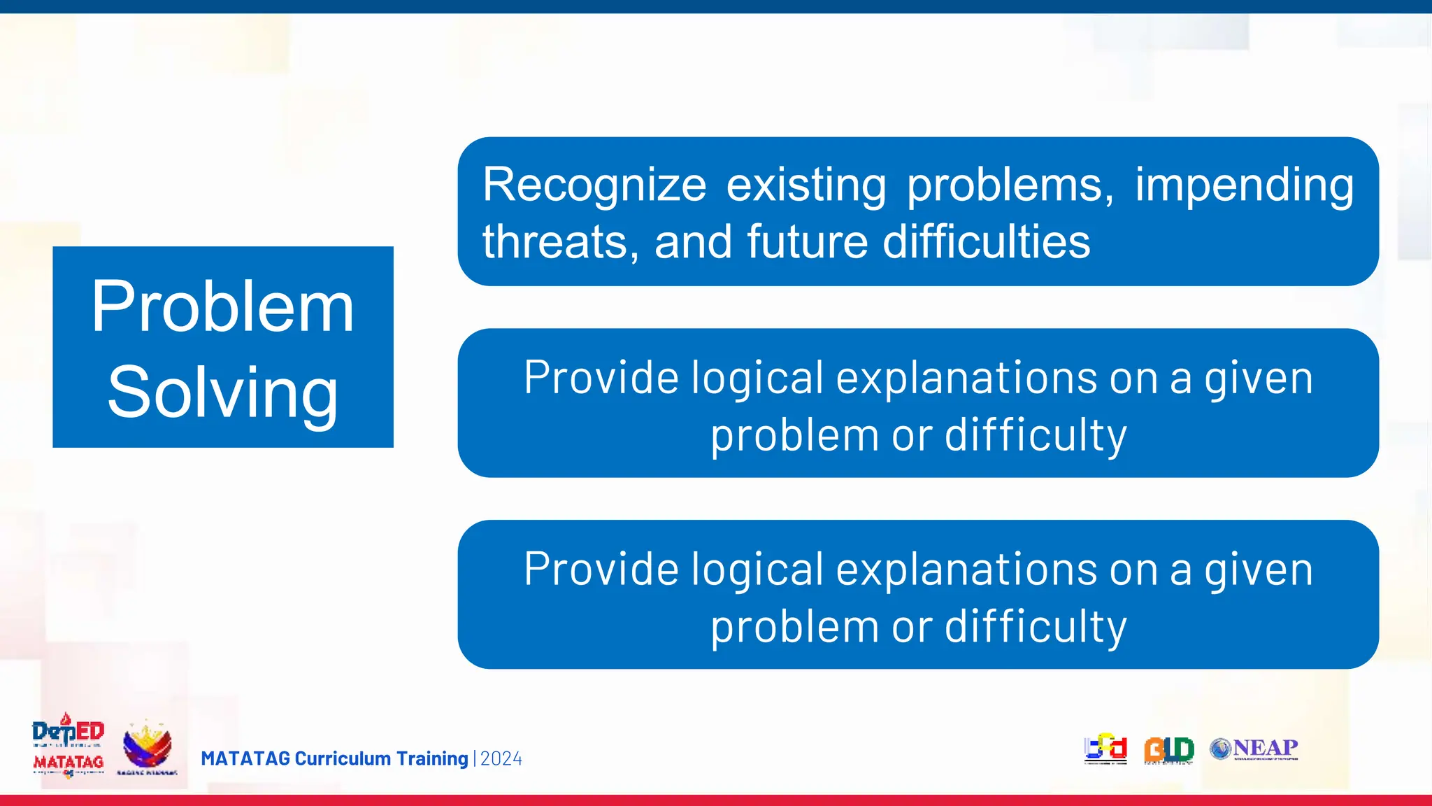 MATATAG Curriculum Training | 2024
Problem
Solving Provide logical explanations on a given
problem or difficulty
Provide logical explanations on a given
problem or difficulty
Recognize existing problems, impending
threats, and future difficulties
 