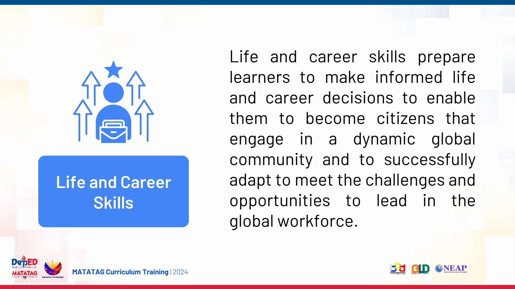 MATATAG Curriculum Training | 2024
Life and career skills prepare
learners to make informed life
and career decisions to enable
them to become citizens that
engage in a dynamic global
community and to successfully
adapt to meet the challenges and
opportunities to lead in the
global workforce.
Life and Career
Skills
 