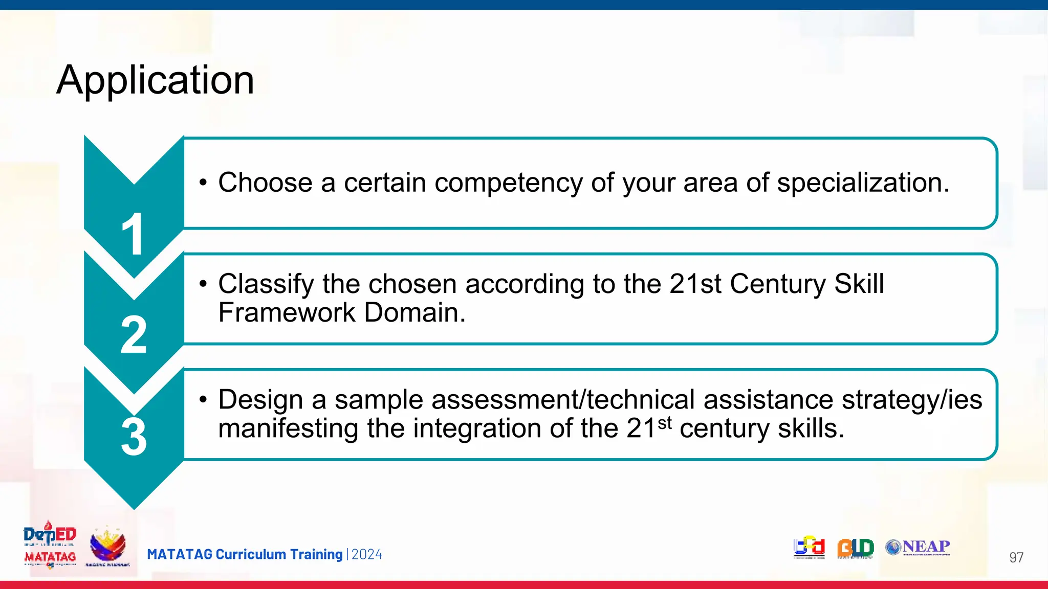 MATATAG Curriculum Training | 2024 97
1
• Choose a certain competency of your area of specialization.
2
• Classify the chosen according to the 21st Century Skill
Framework Domain.
3
• Design a sample assessment/technical assistance strategy/ies
manifesting the integration of the 21st century skills.
Application
 