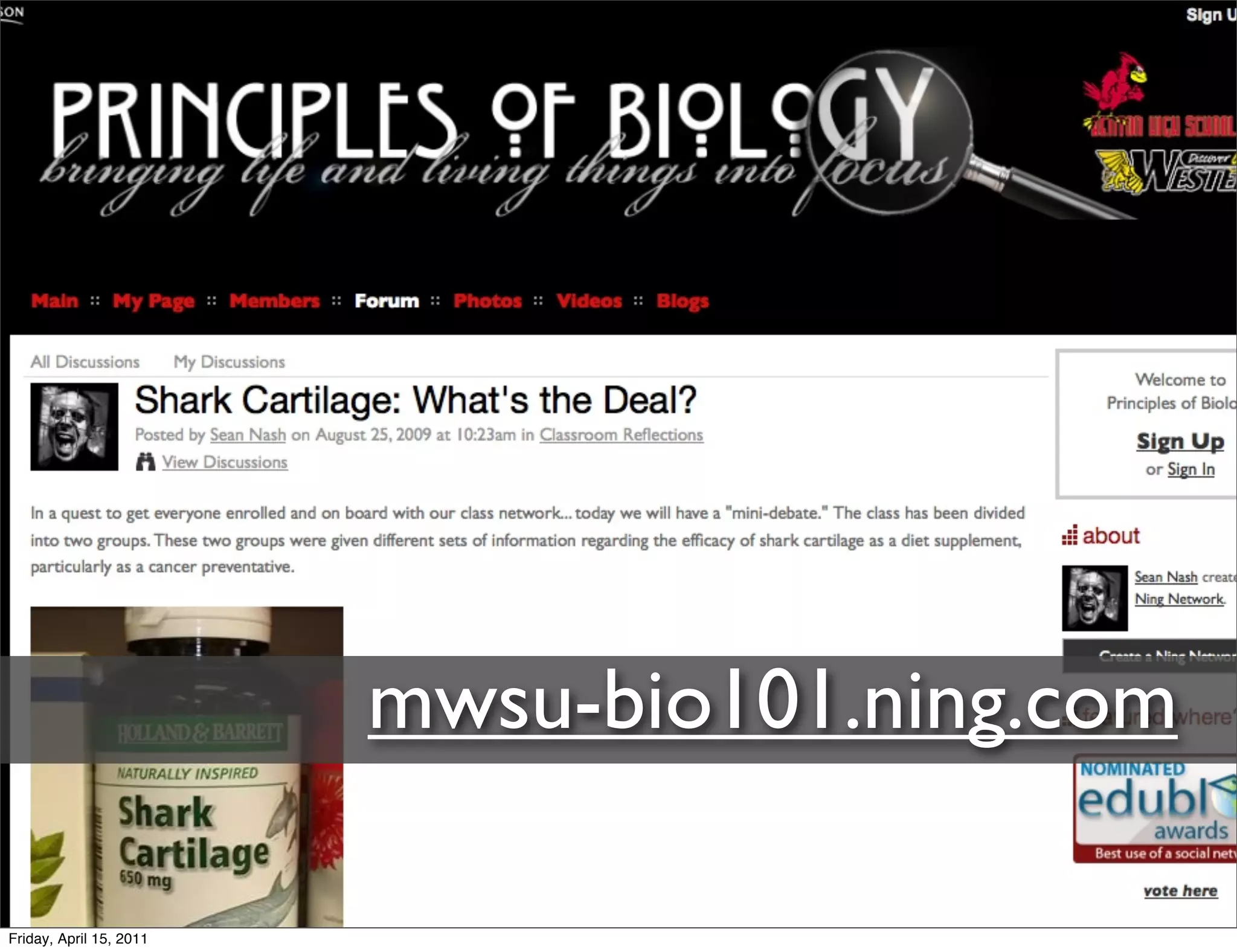 mwsu-bio101.ning.com

Friday, April 15, 2011
 