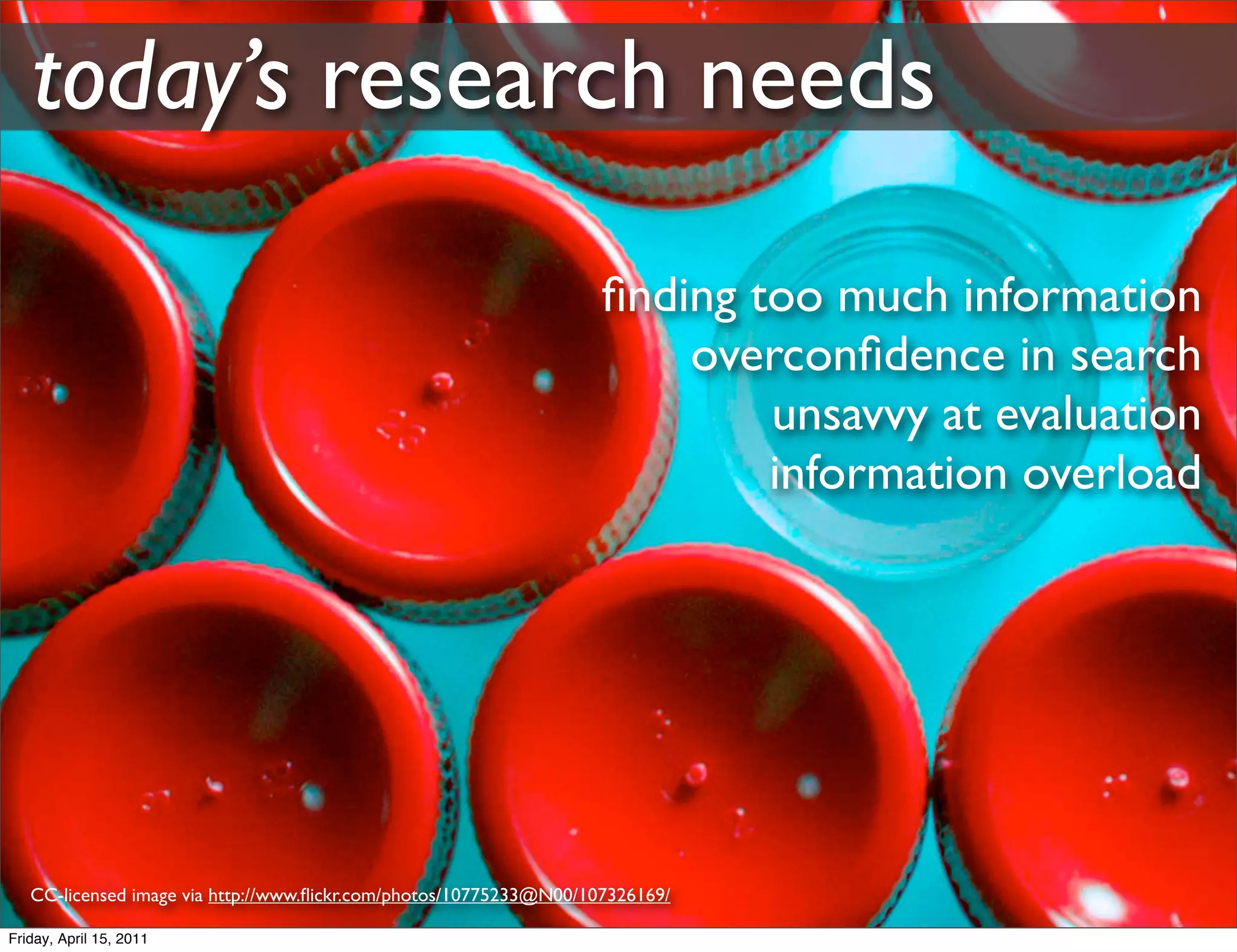 today’s research needs

                                                                    ﬁnding too much information
                                                                        overconﬁdence in search
                                                                            unsavvy at evaluation
                                                                            information overload




   CC-licensed image via http://www.ﬂickr.com/photos/10775233@N00/107326169/

Friday, April 15, 2011
 