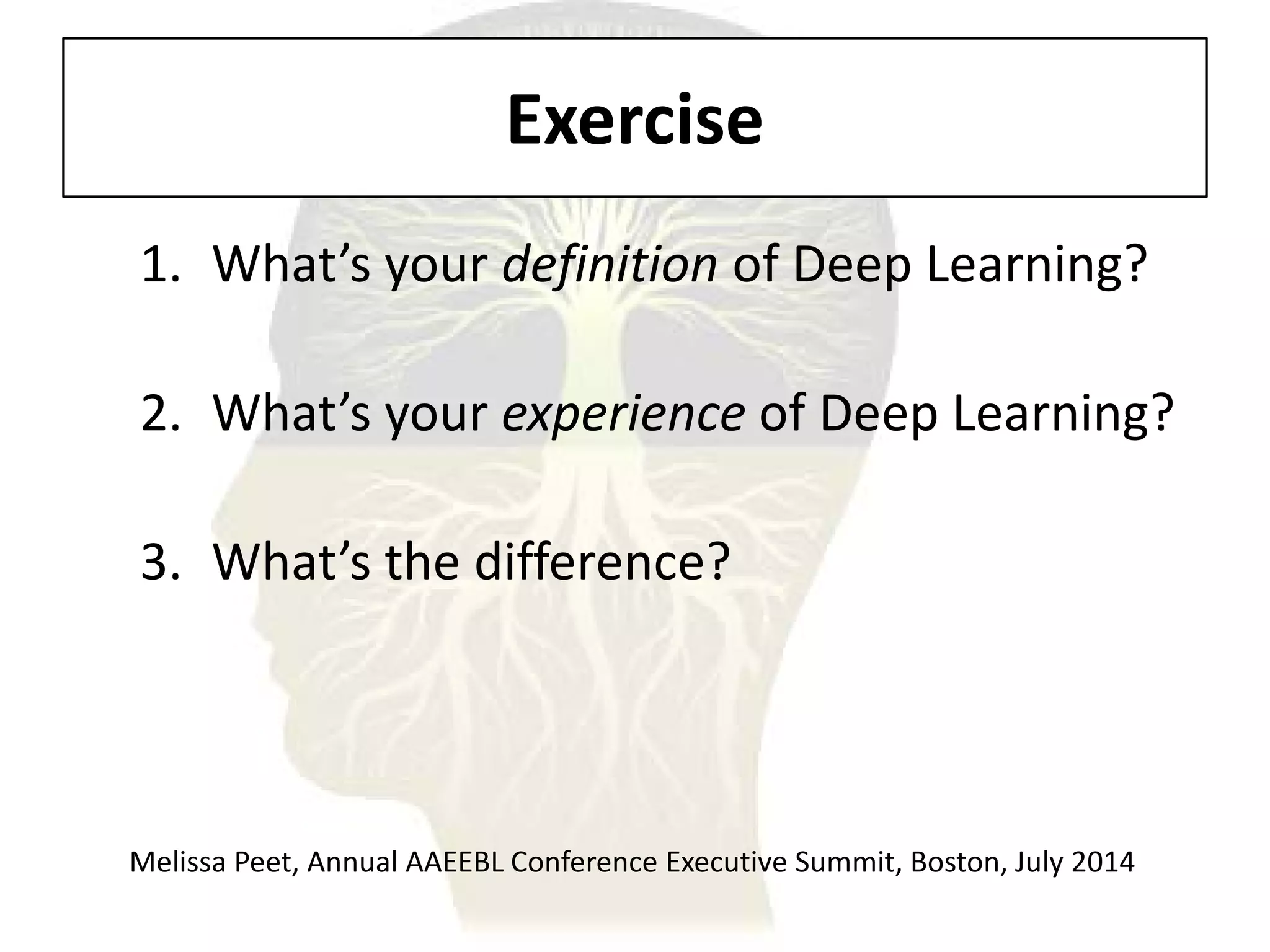 Exercise 
1. 
What’s your definition of Deep Learning? 
2. 
What’s your experience of Deep Learning? 
3. 
What’s the difference? 
Melissa Peet, Annual AAEEBL Conference Executive Summit, Boston, July 2014  