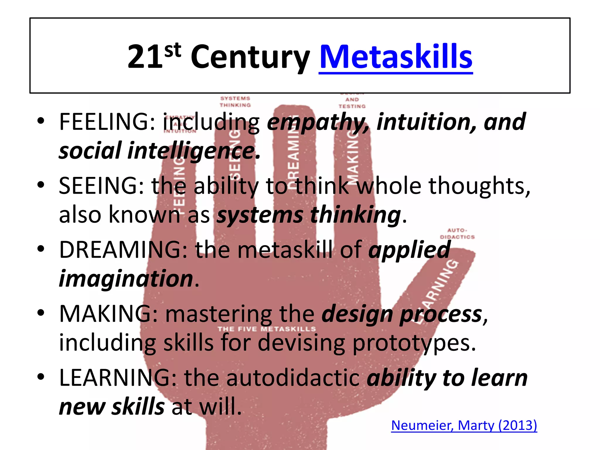 21st Century Metaskills 
• 
FEELING: including empathy, intuition, and social intelligence. 
• 
SEEING: the ability to think whole thoughts, also known as systems thinking. 
• 
DREAMING: the metaskill of applied imagination. 
• 
MAKING: mastering the design process, including skills for devising prototypes. 
• 
LEARNING: the autodidactic ability to learn new skills at will. 
Neumeier, Marty (2013)  
