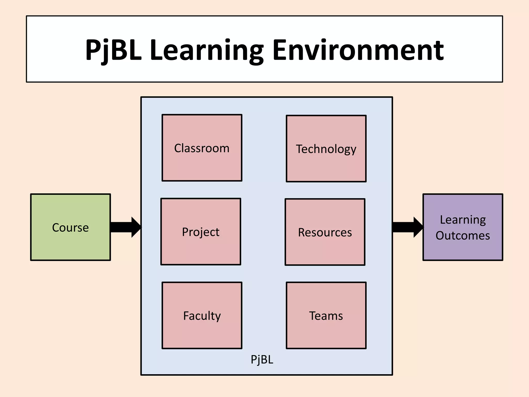 PjBL Learning Environment 
Course 
Learning Outcomes 
Project 
Faculty 
Teams 
Resources 
Technology 
Classroom 
PjBL  