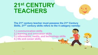 21st CENTURY
TEACHERS
The 21st century teacher must possess the 21st Century
Skills. 21ST century skills refers to the 4 category namely:
1.) communication skills
2.) learning and innovation skills
3.) information, media, and technology skills
4.) life and career skills
 