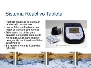 Sistema Reactivo Tableta
• Pastillas reactivas se sellan en
láminas de un solo uso
• Las tabletas suelen tener una
mejor estabilidad que líquidos
• Trituradora se utiliza para
aplastar las tabletas en la celda
• No es adecuado para análisis
de agua fría debido a los sólidos
suspendidos
• Se requiere Hoja de Seguridad
(MSDS)
 