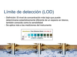Límite de detección (LOD)
• Definición: El nivel de concentración más bajo que puede
determinarse estadísticamente diferente de un espacio en blanco,
también conocido como la sensibilidad
• Se aplica más a las mediciones del instrumento
 