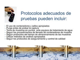 Protocolos adecuados de
pruebas pueden incluir:
• El uso de contenedores y sellos apropiados
• Purga antes de probar la captura
• Toma de muestras en puntos ante equipos de tratamiento de agua
• Seguir los procedimientos de llenado de contenedores de muestra
• Seguir protocolos del tiempo de almacenamiento de las muestras
• Utilizar métodos de análisis apropiados
• Seguir los protocolos de aseguramiento y control de calidad
 