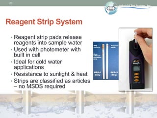 20
Reagent Strip System
• Reagent strip pads release
reagents into sample water
• Used with photometer with
built in cell
• Ideal for cold water
applications
• Resistance to sunlight & heat
• Strips are classified as articles
– no MSDS required
 