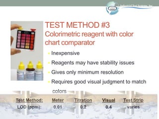 TEST METHOD #3
Colorimetric reagent with color
chart comparator
 Inexpensive
 Reagents may have stability issues
 Gives...