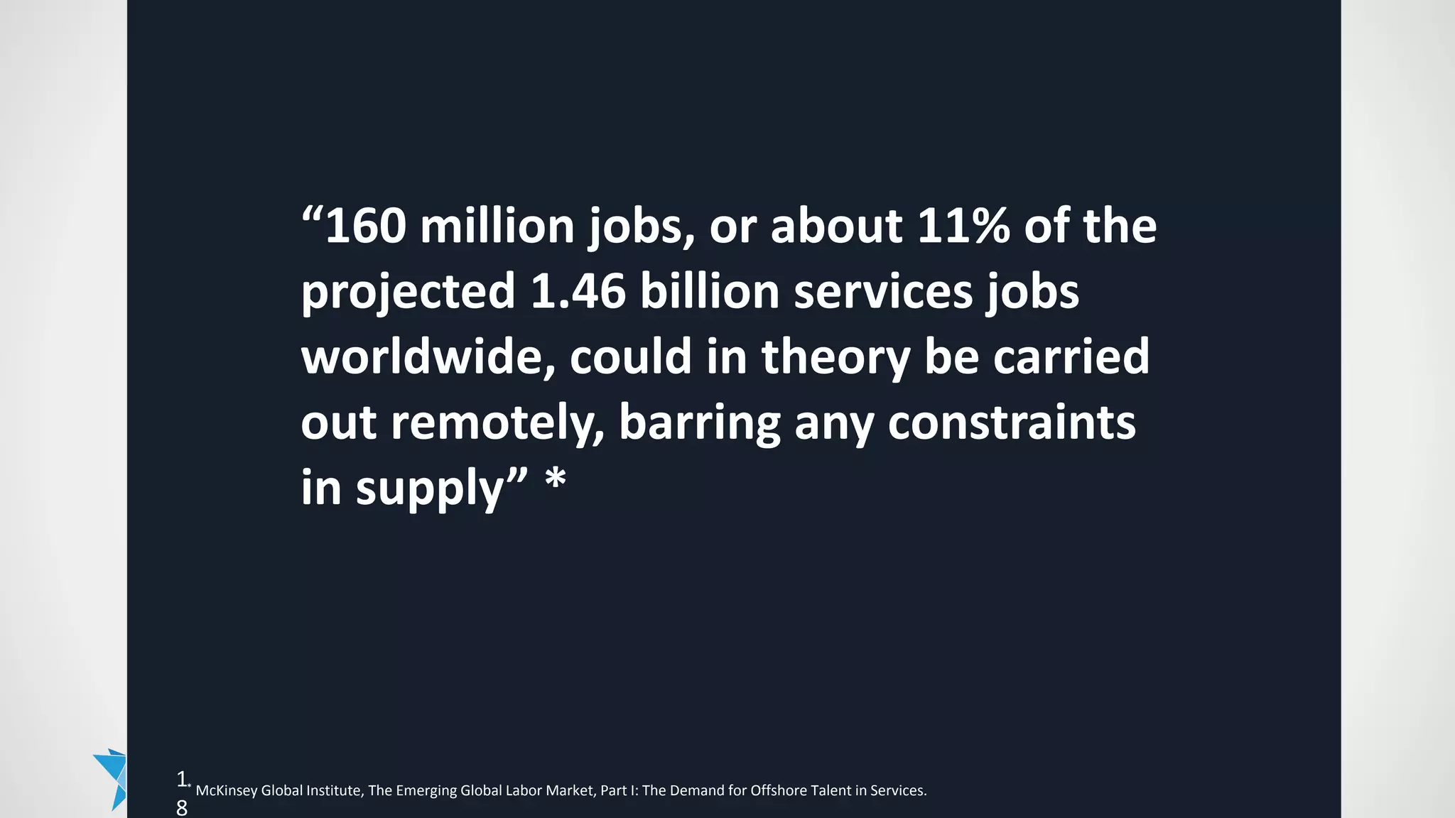 1
8
“160 million jobs, or about 11% of the
projected 1.46 billion services jobs
worldwide, could in theory be carried
out remotely, barring any constraints
in supply” *
* McKinsey Global Institute, The Emerging Global Labor Market, Part I: The Demand for Offshore Talent in Services.
 