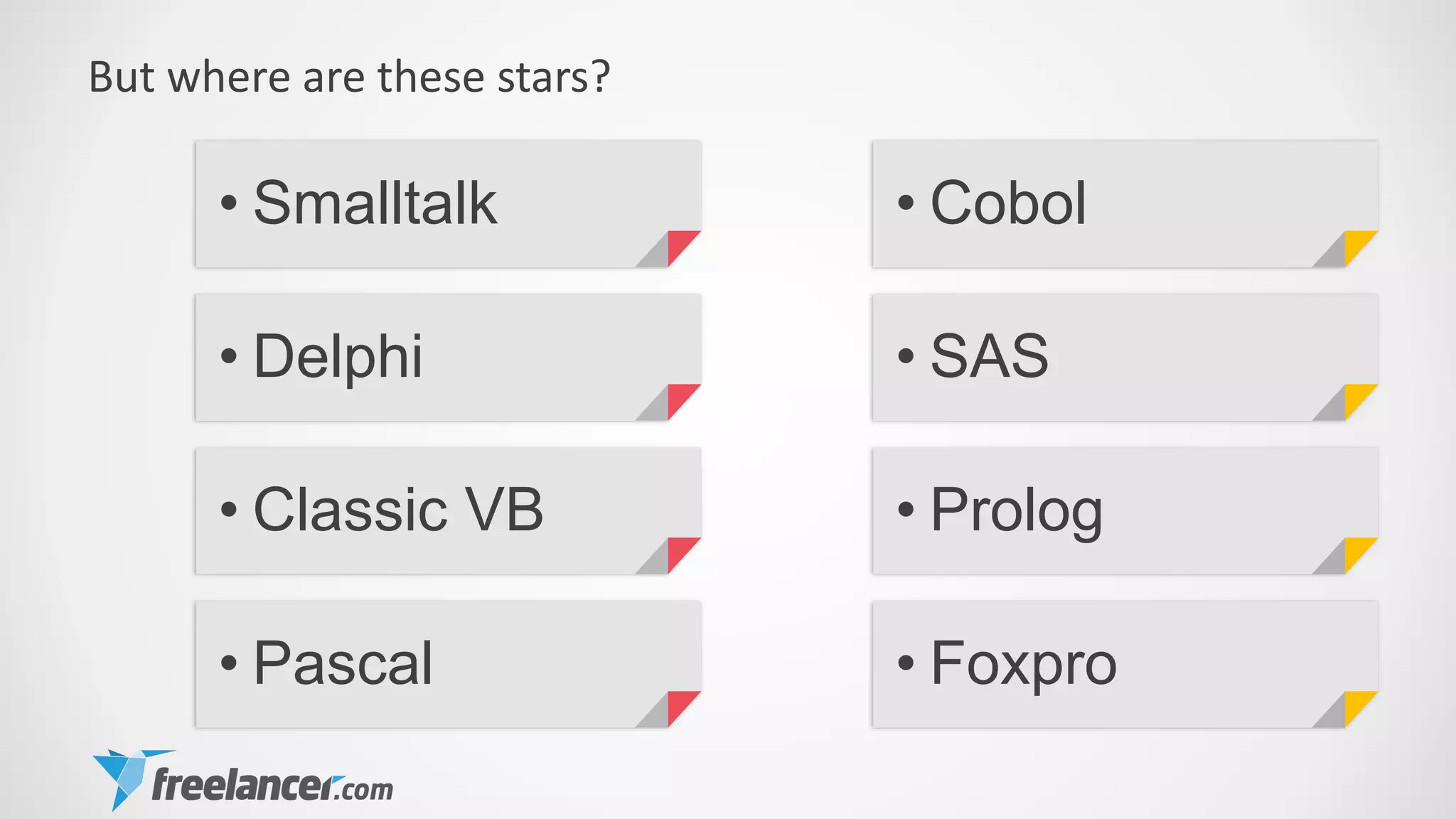 But where are these stars?
• Smalltalk • Cobol
• Delphi • SAS
• Classic VB • Prolog
• Pascal • Foxpro
 