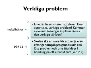 Verkliga problem

nyckelfrågor

LGR 11

• Innebär läraktiviteten att eleven löser
autentiska, verkliga problem? Kommer
elevernas lösningar implementeras i
den verkliga världen?
• Skolan ska ansvara för att varje elev
efter genomgången grundskola kan
lösa problem och omsätta idéer i
handling på ett kreativt sätt (kap 2.2)

 