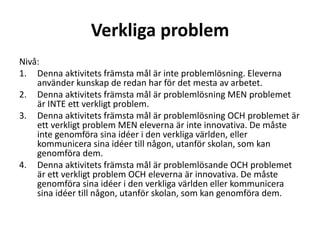 Verkliga problem
Nivå:
1. Denna aktivitets främsta mål är inte problemlösning. Eleverna
använder kunskap de redan har för det mesta av arbetet.
2. Denna aktivitets främsta mål är problemlösning MEN problemet
är INTE ett verkligt problem.
3. Denna aktivitets främsta mål är problemlösning OCH problemet är
ett verkligt problem MEN eleverna är inte innovativa. De måste
inte genomföra sina idéer i den verkliga världen, eller
kommunicera sina idéer till någon, utanför skolan, som kan
genomföra dem.
4. Denna aktivitets främsta mål är problemlösande OCH problemet
är ett verkligt problem OCH eleverna är innovativa. De måste
genomföra sina idéer i den verkliga världen eller kommunicera
sina idéer till någon, utanför skolan, som kan genomföra dem.

 