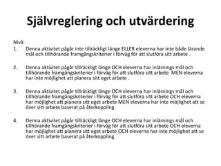 Självreglering och utvärdering
Nivå:
1. Denna aktivitet pågår inte tillräckligt länge ELLER eleverna har inte både lärande
mål och tillhörande framgångskriterier i förväg för att slutföra sitt arbete .
2.

Denna aktivitet pågår tillräckligt länge OCH eleverna har inlärnings mål och
tillhörande framgångskriterier i förväg för att slutföra sitt arbete MEN eleverna
har inte möjlighet att planera sitt eget arbete .

3.

Denna aktivitet pågår tillräckligt länge OCH eleverna har inlärnings mål och
tillhörande framgångskriterier i förväg för att slutföra sitt arbete OCH eleverna
har möjlighet att planera sitt eget arbete MEN eleverna har inte möjlighet att se
över sitt arbete baserat på återkoppling.

4.

Denna aktivitet pågår tillräckligt länge OCH eleverna har inlärnings mål och
tillhörande framgångskriterier i förväg för att slutföra sitt arbete OCH eleverna
har möjlighet att planera sitt eget arbete OCH eleverna har inte möjlighet att se
över sitt arbete baserat på återkoppling.

 