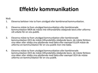 Effektiv kommunikation
Nivå:
1. Eleverna behöver inte ta fram utvidgad eller kombinerad kommunikation.
2.

Eleverna måste ta fram utvidgad kommunikation eller kombinerade
kommunikation MEN de måste inte tillhandahålla stödjande bevis eller utforma
sitt arbete för en viss publik.

3.

Eleverna måste ta fram utvidgad kommunikation eller kombinerade
kommunikation OCH de måste tillhandahålla stödjande bevis: de måste förklara
sina idéer eller stödja sina påstående med fakta eller exempel ELLER måste de
utforma sin kommunikation för en viss publik men inte båda.

4.

Eleverna måste ta fram utvidgad kommunikation eller kombinerade
kommunikation OCH de måste tillhandahålla stödjande bevis: de måste förklara
sina idéer eller stödja sina påstående med fakta eller exempel OCH de måste
utforma sin kommunikation för en viss publik.

 