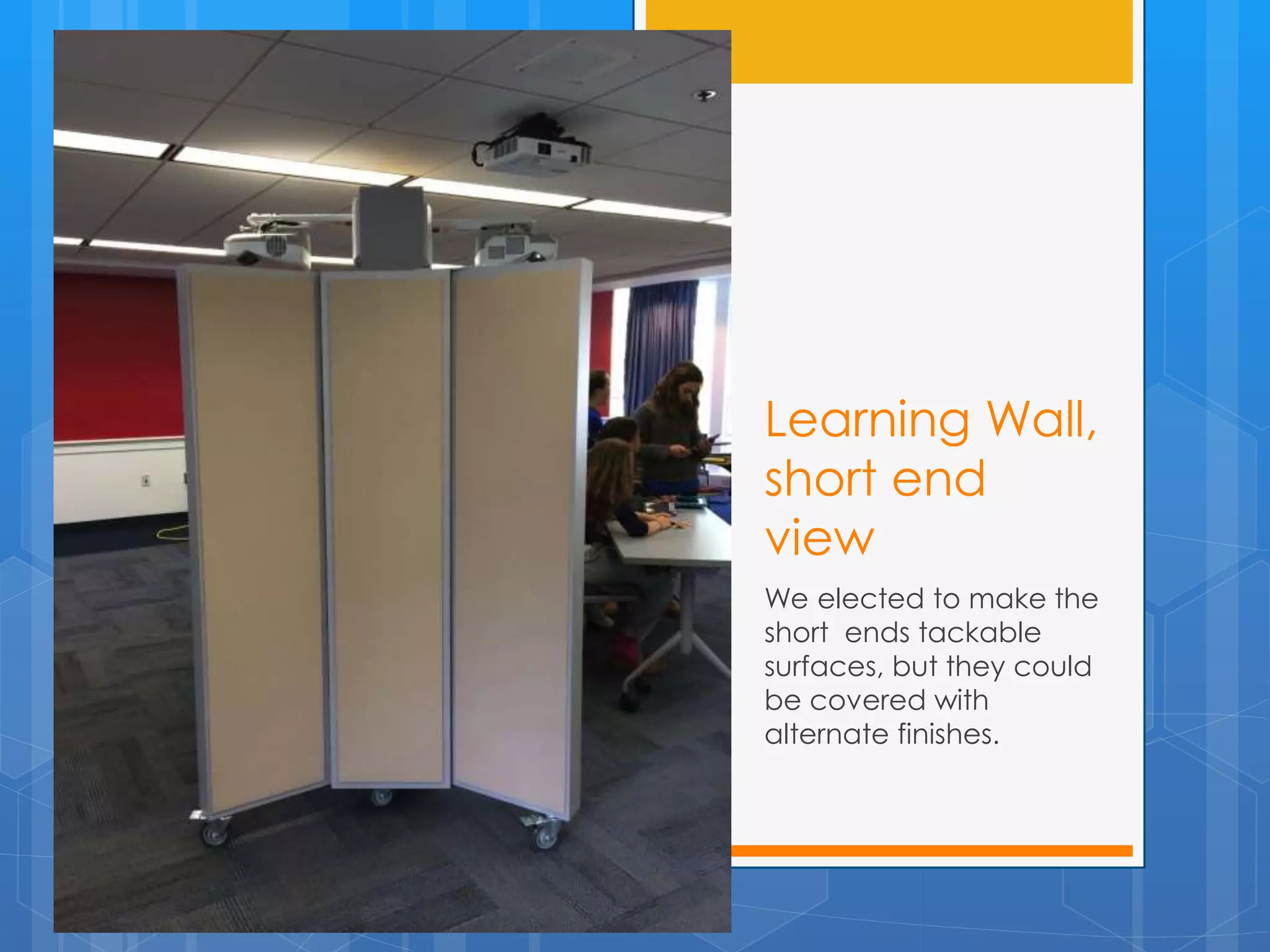 Learning Wall, 
short end 
view 
We elected to make the 
short ends tackable 
surfaces, but they could 
be covered with 
alternate finishes. 
 