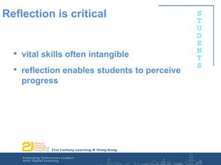 Reflection is criticalvital skills often intangiblereflection enables students to perceive progress