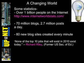 Some statistics- - Over 1 billion people on the Internet  http://www.internetworldstats.com/ 70 million blogs, 2.7 million posts  a day. 80 new blog sites created every minute “ None of the top 10 jobs that will exist in 2010 exist today." --  Richard Riley , (Former US Sec. of Ed.) A Changing World 