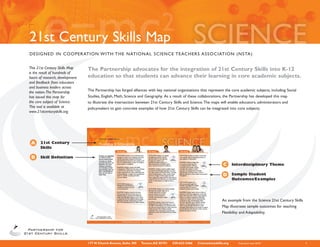 21st Century Skills Map
DESIGNED IN COOPERATION W I T H T H E N AT I O N A L S C I E N C E T E AC H E R S A S S O C I AT I O N ( N S TA )


This 21st Century Skills Map     The Partnership advocates for the integration of 21st Century Skills into K-12
is the result of hundreds of
hours of research, development   education so that students can advance their learning in core academic subjects.
and feedback from educators
and business leaders across
the nation. The Partnership      The Partnership has forged alliances with key national organizations that represent the core academic subjects, including Social
has issued this map for          Studies, English, Math, Science and Geography. As a result of these collaborations, the Partnership has developed this map
the core subject of Science.     to illustrate the intersection between 21st Century Skills and Science. The maps will enable educators, administrators and
This tool is available at        policymakers to gain concrete examples of how 21st Century Skills can be integrated into core subjects.
www.21stcenturyskills.org.




 A     21st Century
       Skills

 B     Skill Definition
                                                                                                                     C Interdisciplinary Theme

                                                                                                                     D Sample Student
                                                                                                                             Outcomes/Examples




                                                                                                                    An example from the Science 21st Century Skills
                                                                                                                    Map illustrates sample outcomes for teaching
                                                                                                                    Flexibility and Adaptability.




                                 177 N Church Avenue, Suite 305   Tucson, AZ 85701   520-623-2466   21stcenturyskills.org	     Publication date: 06/09 	              1
 