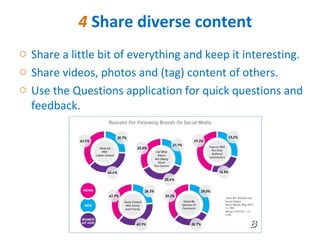 4 Share diverse content
o Share a little bit of everything and keep it interesting.
o Share videos, photos and (tag) content of others.
o Use the Questions application for quick questions and
  feedback.
 