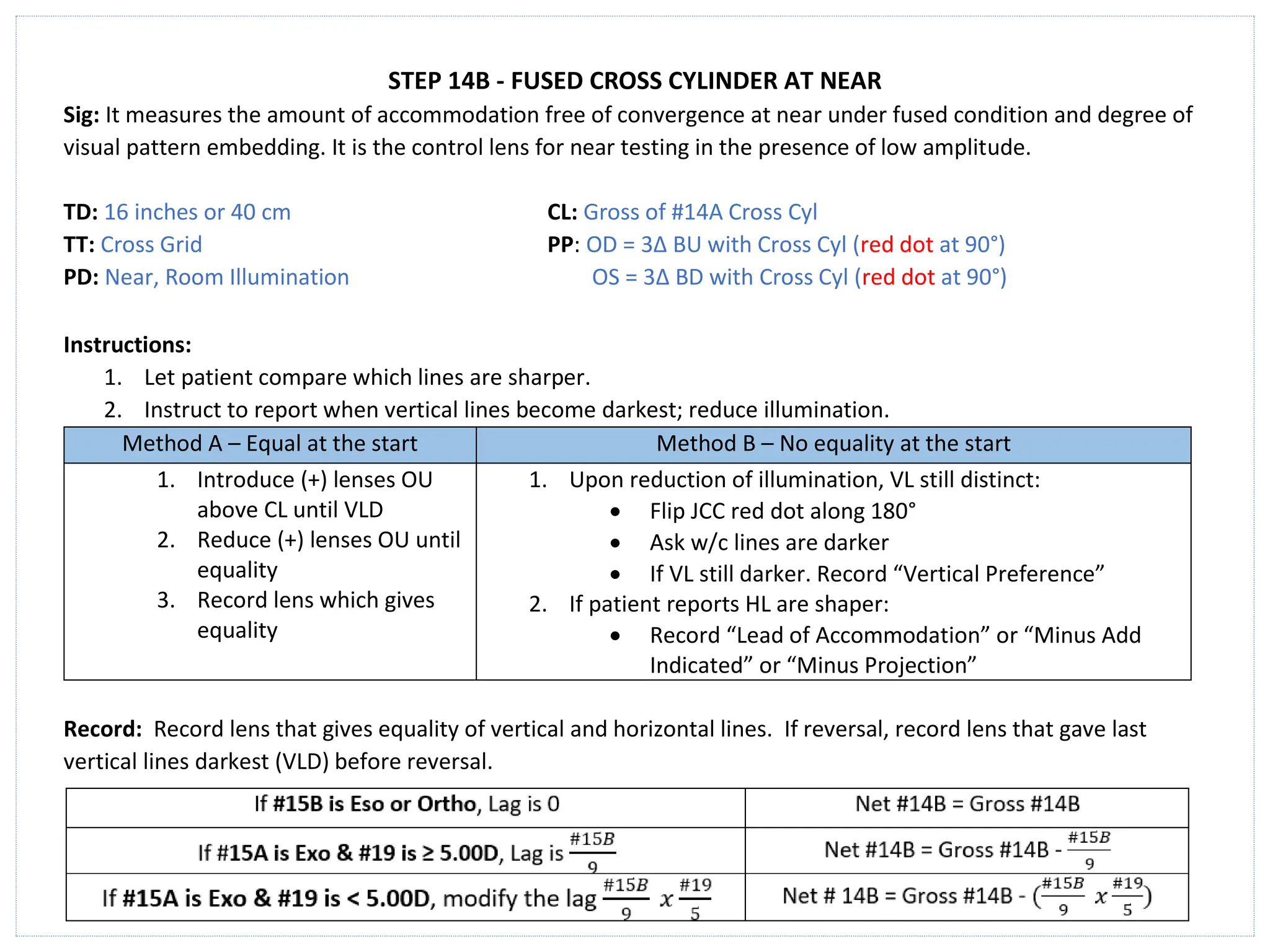 STEP 14B - FUSED CROSS CYLINDER AT NEAR
Sig: It measures the amount of accommodation free of convergence at near under fused condition and degree of
visual pattern embedding. It is the control lens for near testing in the presence of low amplitude.
TD: 16 inches or 40 cm CL: Gross of #14A Cross Cyl
TT: Cross Grid PP: OD = 3∆ BU with Cross Cyl (red dot at 90°)
PD: Near, Room Illumination OS = 3∆ BD with Cross Cyl (red dot at 90°)
Instructions:
1. Let patient compare which lines are sharper.
2. Instruct to report when vertical lines become darkest; reduce illumination.
Method A – Equal at the start Method B – No equality at the start
1. Introduce (+) lenses OU
above CL until VLD
2. Reduce (+) lenses OU until
equality
3. Record lens which gives
equality
1. Upon reduction of illumination, VL still distinct:
• Flip JCC red dot along 180°
• Ask w/c lines are darker
• If VL still darker. Record “Vertical Preference”
2. If patient reports HL are shaper:
• Record “Lead of Accommodation” or “Minus Add
Indicated” or “Minus Projection”
Record: Record lens that gives equality of vertical and horizontal lines. If reversal, record lens that gave last
vertical lines darkest (VLD) before reversal.
 