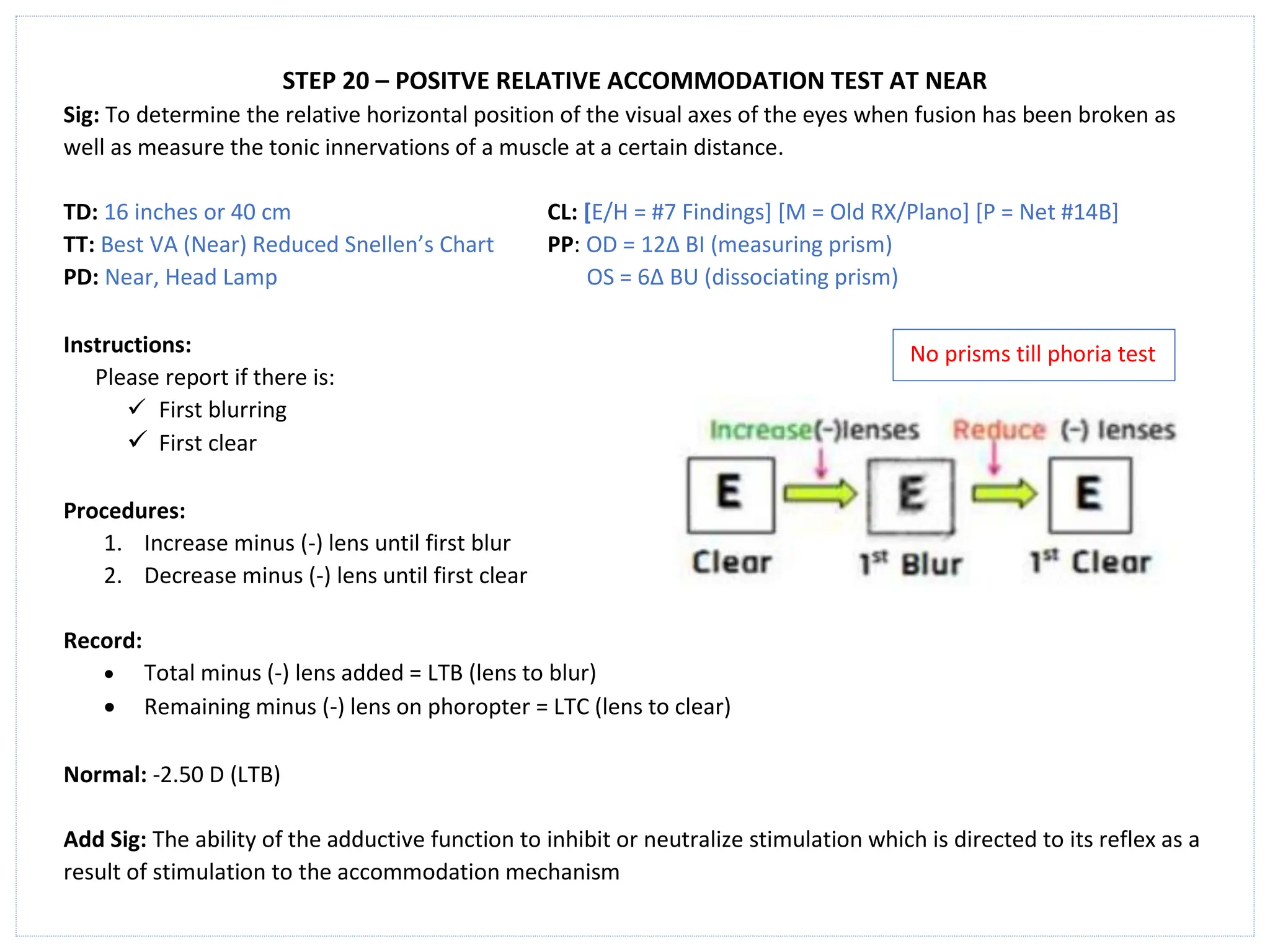 STEP 20 – POSITVE RELATIVE ACCOMMODATION TEST AT NEAR
Sig: To determine the relative horizontal position of the visual axes of the eyes when fusion has been broken as
well as measure the tonic innervations of a muscle at a certain distance.
TD: 16 inches or 40 cm CL: [E/H = #7 Findings] [M = Old RX/Plano] [P = Net #14B]
TT: Best VA (Near) Reduced Snellen’s Chart PP: OD = 12∆ BI (measuring prism)
PD: Near, Head Lamp OS = 6∆ BU (dissociating prism)
Instructions:
Please report if there is:
✓ First blurring
✓ First clear
Procedures:
1. Increase minus (-) lens until first blur
2. Decrease minus (-) lens until first clear
Record:
• Total minus (-) lens added = LTB (lens to blur)
• Remaining minus (-) lens on phoropter = LTC (lens to clear)
Normal: -2.50 D (LTB)
Add Sig: The ability of the adductive function to inhibit or neutralize stimulation which is directed to its reflex as a
result of stimulation to the accommodation mechanism
No prisms till phoria test
 