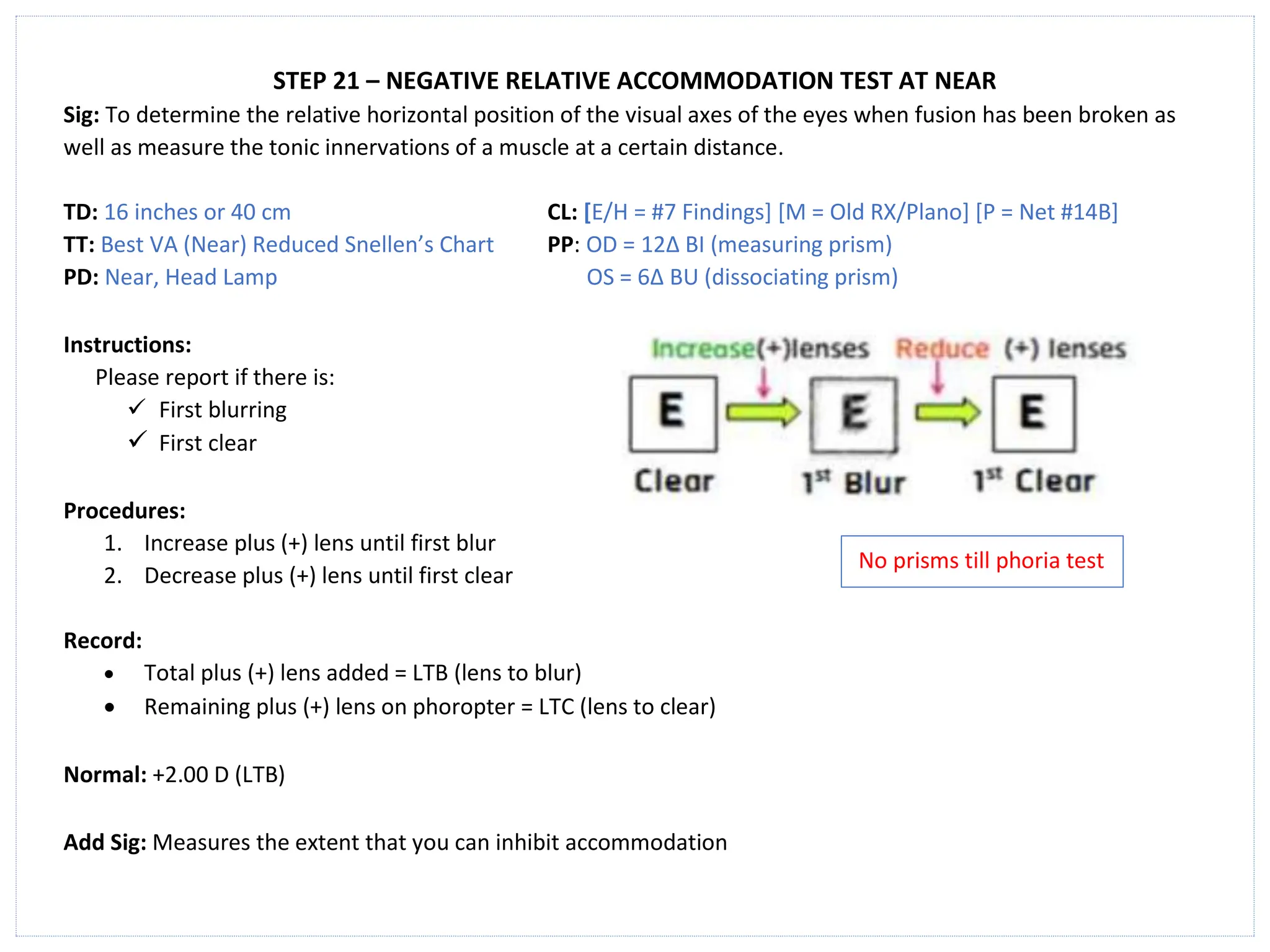 STEP 21 – NEGATIVE RELATIVE ACCOMMODATION TEST AT NEAR
Sig: To determine the relative horizontal position of the visual axes of the eyes when fusion has been broken as
well as measure the tonic innervations of a muscle at a certain distance.
TD: 16 inches or 40 cm CL: [E/H = #7 Findings] [M = Old RX/Plano] [P = Net #14B]
TT: Best VA (Near) Reduced Snellen’s Chart PP: OD = 12∆ BI (measuring prism)
PD: Near, Head Lamp OS = 6∆ BU (dissociating prism)
Instructions:
Please report if there is:
✓ First blurring
✓ First clear
Procedures:
1. Increase plus (+) lens until first blur
2. Decrease plus (+) lens until first clear
Record:
• Total plus (+) lens added = LTB (lens to blur)
• Remaining plus (+) lens on phoropter = LTC (lens to clear)
Normal: +2.00 D (LTB)
Add Sig: Measures the extent that you can inhibit accommodation
No prisms till phoria test
 