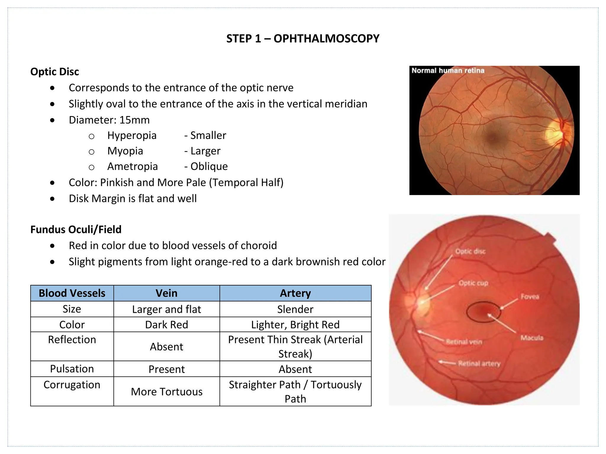 STEP 1 – OPHTHALMOSCOPY
Optic Disc
• Corresponds to the entrance of the optic nerve
• Slightly oval to the entrance of the axis in the vertical meridian
• Diameter: 15mm
o Hyperopia - Smaller
o Myopia - Larger
o Ametropia - Oblique
• Color: Pinkish and More Pale (Temporal Half)
• Disk Margin is flat and well
Fundus Oculi/Field
• Red in color due to blood vessels of choroid
• Slight pigments from light orange-red to a dark brownish red color
Blood Vessels Vein Artery
Size Larger and flat Slender
Color Dark Red Lighter, Bright Red
Reflection
Absent
Present Thin Streak (Arterial
Streak)
Pulsation Present Absent
Corrugation
More Tortuous
Straighter Path / Tortuously
Path
 