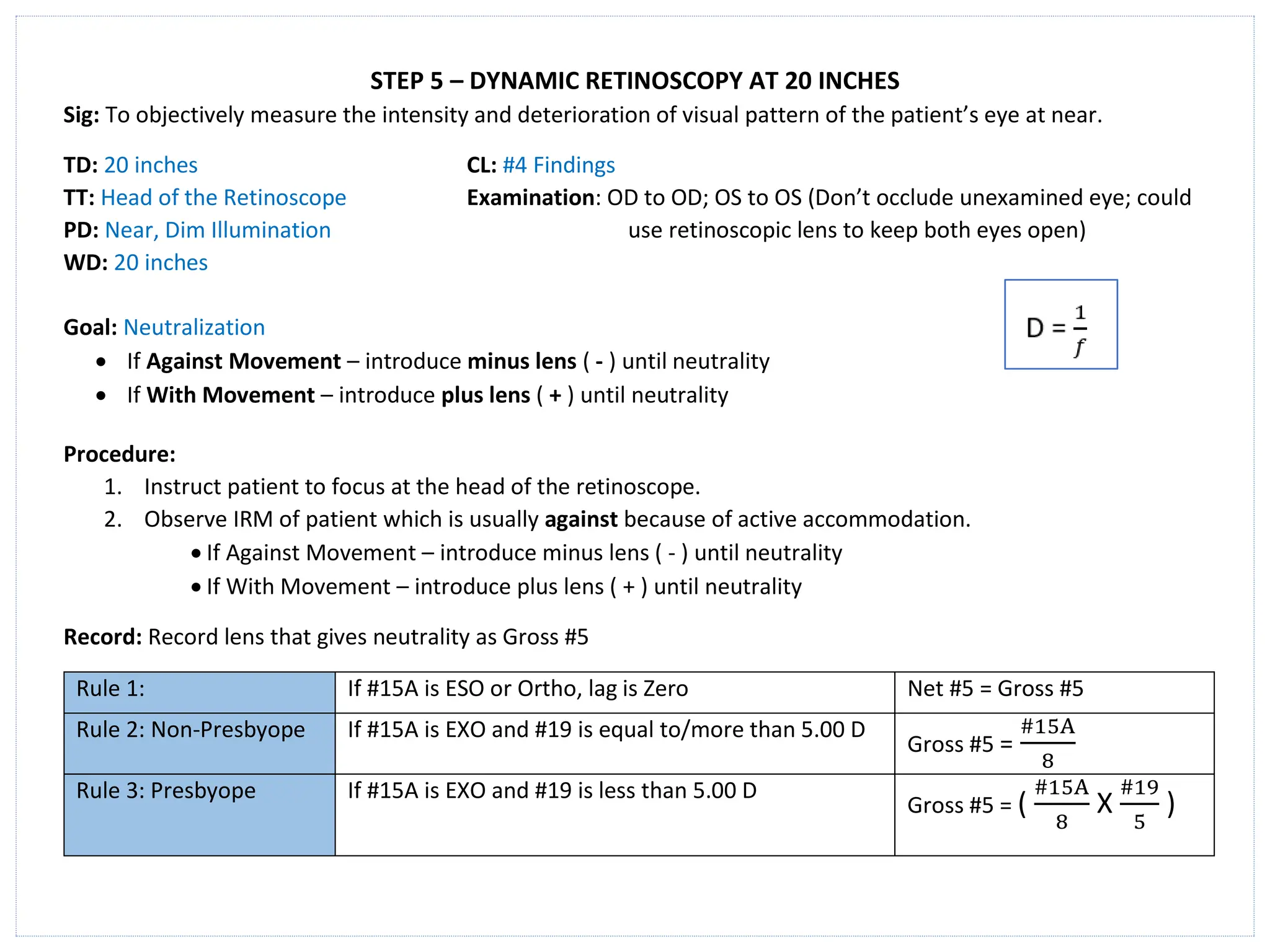 STEP 5 – DYNAMIC RETINOSCOPY AT 20 INCHES
Sig: To objectively measure the intensity and deterioration of visual pattern of the patient’s eye at near.
TD: 20 inches CL: #4 Findings
TT: Head of the Retinoscope Examination: OD to OD; OS to OS (Don’t occlude unexamined eye; could
PD: Near, Dim Illumination use retinoscopic lens to keep both eyes open)
WD: 20 inches
Goal: Neutralization
• If Against Movement – introduce minus lens ( - ) until neutrality
• If With Movement – introduce plus lens ( + ) until neutrality
Procedure:
1. Instruct patient to focus at the head of the retinoscope.
2. Observe IRM of patient which is usually against because of active accommodation.
• If Against Movement – introduce minus lens ( - ) until neutrality
• If With Movement – introduce plus lens ( + ) until neutrality
Record: Record lens that gives neutrality as Gross #5
Rule 1: If #15A is ESO or Ortho, lag is Zero Net #5 = Gross #5
Rule 2: Non-Presbyope If #15A is EXO and #19 is equal to/more than 5.00 D
Gross #5 =
#15A
8
Rule 3: Presbyope If #15A is EXO and #19 is less than 5.00 D
Gross #5 = (
#15A
8
X
#19
5
)
 