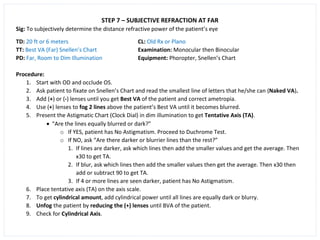STEP 7 – SUBJECTIVE REFRACTION AT FAR
Sig: To subjectively determine the distance refractive power of the patient’s eye
TD: 20 ft or 6 meters CL: Old Rx or Plano
TT: Best VA (Far) Snellen’s Chart Examination: Monocular then Binocular
PD: Far, Room to Dim Illumination Equipment: Phoropter, Snellen’s Chart
Procedure:
1. Start with OD and occlude OS.
2. Ask patient to fixate on Snellen’s Chart and read the smallest line of letters that he/she can (Naked VA).
3. Add (+) or (-) lenses until you get Best VA of the patient and correct ametropia.
4. Use (+) lenses to fog 2 lines above the patient’s Best VA until it becomes blurred.
5. Present the Astigmatic Chart (Clock Dial) in dim illumination to get Tentative Axis (TA).
• “Are the lines equally blurred or dark?”
o If YES, patient has No Astigmatism. Proceed to Duchrome Test.
o If NO, ask “Are there darker or blurrier lines than the rest?”
1. If lines are darker, ask which lines then add the smaller values and get the average. Then
x30 to get TA.
2. If blur, ask which lines then add the smaller values then get the average. Then x30 then
add or subtract 90 to get TA.
3. If 4 or more lines are seen darker, patient has No Astigmatism.
6. Place tentative axis (TA) on the axis scale.
7. To get cylindrical amount, add cylindrical power until all lines are equally dark or blurry.
8. Unfog the patient by reducing the (+) lenses until BVA of the patient.
9. Check for Cylindrical Axis.
 