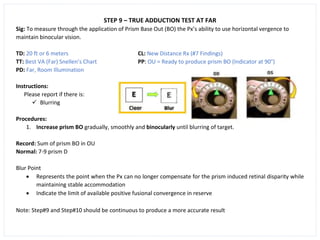 STEP 9 – TRUE ADDUCTION TEST AT FAR
Sig: To measure through the application of Prism Base Out (BO) the Px’s ability to use horizontal vergence to
maintain binocular vision.
TD: 20 ft or 6 meters CL: New Distance Rx (#7 Findings)
TT: Best VA (Far) Snellen’s Chart PP: OU = Ready to produce prism BO (Indicator at 90°)
PD: Far, Room Illumination
Instructions:
Please report if there is:
✓ Blurring
Procedures:
1. Increase prism BO gradually, smoothly and binocularly until blurring of target.
Record: Sum of prism BO in OU
Normal: 7-9 prism D
Blur Point
• Represents the point when the Px can no longer compensate for the prism induced retinal disparity while
maintaining stable accommodation
• Indicate the limit of available positive fusional convergence in reserve
Note: Step#9 and Step#10 should be continuous to produce a more accurate result
 