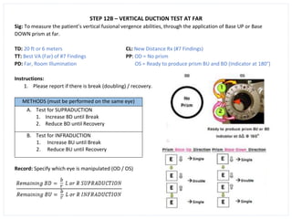 STEP 12B – VERTICAL DUCTION TEST AT FAR
Sig: To measure the patient’s vertical fusional vergence abilities, through the application of Base UP or Base
DOWN prism at far.
TD: 20 ft or 6 meters CL: New Distance Rx (#7 Findings)
TT: Best VA (Far) of #7 Findings PP: OD = No prism
PD: Far, Room Illumination OS = Ready to produce prism BU and BD (Indicator at 180°)
Instructions:
1. Please report if there is break (doubling) / recovery.
METHODS (must be performed on the same eye)
A. Test for SUPRADUCTION
1. Increase BD until Break
2. Reduce BD until Recovery
B. Test for INFRADUCTION
1. Increase BU until Break
2. Reduce BU until Recovery
Record: Specify which eye is manipulated (OD / OS)
 