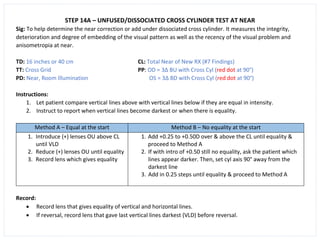STEP 14A – UNFUSED/DISSOCIATED CROSS CYLINDER TEST AT NEAR
Sig: To help determine the near correction or add under dissociated cross cylinder. It measures the integrity,
deterioration and degree of embedding of the visual pattern as well as the recency of the visual problem and
anisometropia at near.
TD: 16 inches or 40 cm CL: Total Near of New RX (#7 Findings)
TT: Cross Grid PP: OD = 3∆ BU with Cross Cyl (red dot at 90°)
PD: Near, Room Illumination OS = 3∆ BD with Cross Cyl (red dot at 90°)
Instructions:
1. Let patient compare vertical lines above with vertical lines below if they are equal in intensity.
2. Instruct to report when vertical lines become darkest or when there is equality.
Method A – Equal at the start Method B – No equality at the start
1. Introduce (+) lenses OU above CL
until VLD
2. Reduce (+) lenses OU until equality
3. Record lens which gives equality
1. Add +0.25 to +0.50D over & above the CL until equality &
proceed to Method A
2. If with intro of +0.50 still no equality, ask the patient which
lines appear darker. Then, set cyl axis 90° away from the
darkest line
3. Add in 0.25 steps until equality & proceed to Method A
Record:
• Record lens that gives equality of vertical and horizontal lines.
• If reversal, record lens that gave last vertical lines darkest (VLD) before reversal.
 