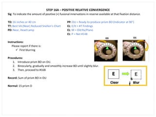STEP 16A – POSITIVE RELATIVE CONVERGENCE
Sig: To indicate the amount of positive (+) fusional innervations in reserve available at that fixation distance.
TD: 16 inches or 40 cm PP: OU = Ready to produce prism BO (Indicator at 90°)
TT: Best VA (Near) Reduced Snellen’s Chart CL: E/H = #7 Findings
PD: Near, Head Lamp CL: M = Old Rx/Plano
CL: P = Net #14B
Instructions:
Please report if there is:
✓ First blurring
Procedures:
1. Introduce prism BO on OU.
2. Binocularly, gradually and smoothly increase BO until slightly blur.
3. Then, proceed to #16B
Record: Sum of prism BO in OU
Normal: 15 prism D
 