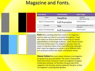 Magazine and Fonts.
Font Name Font Preview Font Usage
Impact
Headline - Headline
- Main Article Title
Bodoni 72 Smallcaps Book
Puff Promotion -Puff Promotion
Eurostile
Text -text and information such as
interviews.
Bodoni 72 Smallcaps Book
Puff Promotion -Puff Promotion
Font-When deciding what font I want in my magazine, I
want to make sure that it is consistent throughout. I have
also made sure that my font looks interesting as it would
appeal/address to the target audience. I have chosen several
fonts that will be used in my magazine, because some are
easier to read than others when sized differently, although I
didn't want my magazine to contain a lot of different fonts
as it could just confuse the reader, and become messy.
House Colour-My main colour schemes in my magazine
are going to be grey and yellow. The reason I have picked
these two colours is because I want my magazine to appeal
to both girls and boys. So therefore the grey side of the
magazine is for the boys and the yellow for the girls, so that
my magazine is covering both genders.
 