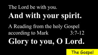The Lord be with you.
And with your spirit.
A Reading from the holy Gospel
according to Mark 3:7-12
Glory to you, O Lord.
The Gospel
 