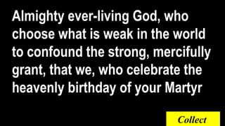 Almighty ever-living God, who
choose what is weak in the world
to confound the strong, mercifully
grant, that we, who celebrate the
heavenly birthday of your Martyr
Collect
 