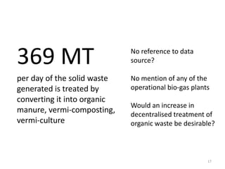 369 MT

No reference to data
source?

per day of the solid waste
generated is treated by
converting it into organic
manure, vermi-composting,
vermi-culture

No mention of any of the
operational bio-gas plants
Would an increase in
decentralised treatment of
organic waste be desirable?

17

 