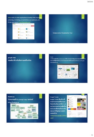 08/03/58
10
Zoho: suite of online applications including email, document
authoring, notetaking, presentations, spreadsheets, etc
(Free, web-based) http://www.zoho.com/
55
Collaborative Visualization Tool
56
google map
ซอฟต์แวร์สาหรับค้นหาแผนที่บนโลก
57 Padlet
การทางานคล้ายกับ bulletin board หรือ กระดานข่าว ที่ครูจะสามารถแปะสิ่งที่ต้องการ
ประกาศให้ผู้เรียนได้ทราบ สามารถแปะเอกสารได้หลายประเภทเช่น doc, pdf, jpeg
http://padlet.com
58
Bubble.us
โปรแกรมสร้าง concept map ออนไลน์
http://bubble.us
59 Google Trends
Google Trends คือบริการที่
ช่วยสารวจเทรนด์หรือกระแส
นิยมในโลกอินเทอร์เน็ตว่า แต่
ละช่วงเวลาคนส่วนใหญ่ฮิตเรื่อง
อะไร ประเด็นไหนเป็นประเด็น
ฮอต อะไรที่อยู่ในความสนใจ
ของคนทั่วไป
<https://www.google.co.th/tre
nds/>
60
 