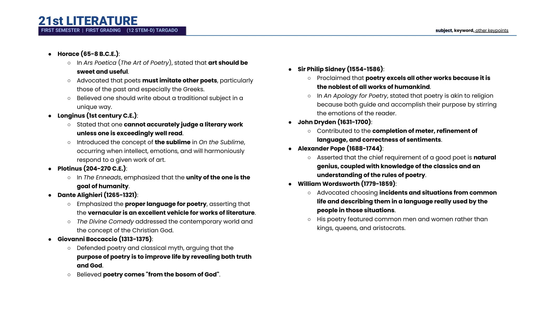 21st LITERATURE
●​ Horace (65-8 B.C.E.):
○​ In Ars Poetica (The Art of Poetry), stated that art should be
sweet and useful.
○​ Advocated that poets must imitate other poets, particularly
those of the past and especially the Greeks.
○​ Believed one should write about a traditional subject in a
unique way.
●​ Longinus (1st century C.E.):
○​ Stated that one cannot accurately judge a literary work
unless one is exceedingly well read.
○​ Introduced the concept of the sublime in On the Sublime,
occurring when intellect, emotions, and will harmoniously
respond to a given work of art.
●​ Plotinus (204-270 C.E.):
○​ In The Enneads, emphasized that the unity of the one is the
goal of humanity.
●​ Dante Alighieri (1265-1321):
○​ Emphasized the proper language for poetry, asserting that
the vernacular is an excellent vehicle for works of literature.
○​ The Divine Comedy addressed the contemporary world and
the concept of the Christian God.
●​ Giovanni Boccaccio (1313-1375):
○​ Defended poetry and classical myth, arguing that the
purpose of poetry is to improve life by revealing both truth
and God.
○​ Believed poetry comes "from the bosom of God".
●​ Sir Philip Sidney (1554-1586):
○​ Proclaimed that poetry excels all other works because it is
the noblest of all works of humankind.
○​ In An Apology for Poetry, stated that poetry is akin to religion
because both guide and accomplish their purpose by stirring
the emotions of the reader.
●​ John Dryden (1631-1700):
○​ Contributed to the completion of meter, refinement of
language, and correctness of sentiments.
●​ Alexander Pope (1688-1744):
○​ Asserted that the chief requirement of a good poet is natural
genius, coupled with knowledge of the classics and an
understanding of the rules of poetry.
●​ William Wordsworth (1779-1859):
○​ Advocated choosing incidents and situations from common
life and describing them in a language really used by the
people in those situations.
○​ His poetry featured common men and women rather than
kings, queens, and aristocrats.
FIRST SEMESTER | FIRST GRADING (12 STEM-D) TARGADO subject, keyword, other keypoints
 