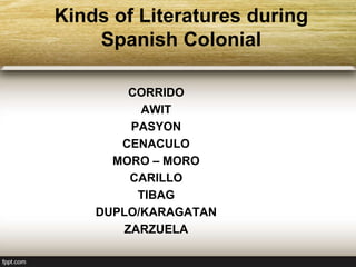 Kinds of Literatures during
Spanish Colonial
CORRIDO
AWIT
PASYON
CENACULO
MORO – MORO
CARILLO
TIBAG
DUPLO/KARAGATAN
ZARZUELA
 