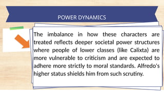 tempt a Landscape Starter
POWER DYNAMICS
The imbalance in how these characters are
treated reflects deeper societal power structures
where people of lower classes (like Calixta) are
more vulnerable to criticism and are expected to
adhere more strictly to moral standards. Alfredo's
higher status shields him from such scrutiny.
 