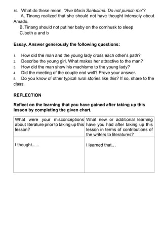 10. What do these mean, “Ave Maria Santisima. Do not punish me”?
A. Tinang realized that she should not have thought intensely about
Amado.
B. Tinang should not put her baby on the cornhusk to sleep
C.both a and b
Essay. Answer generously the following questions:
1. How did the man and the young lady cross each other’s path?
2. Describe the young girl. What makes her attractive to the man?
3. How did the man show his machismo to the young lady?
4. Did the meeting of the couple end well? Prove your answer.
5. Do you know of other typical rural stories like this? If so, share to the
class.
REFLECTION
Reflect on the learning that you have gained after taking up this
lesson by completing the given chart.
What were your misconceptions
about literature prior to taking up this
lesson?
What new or additional learning
have you had after taking up this
lesson in terms of contributions of
the writers to literatures?
I thought...... I learned that…
 